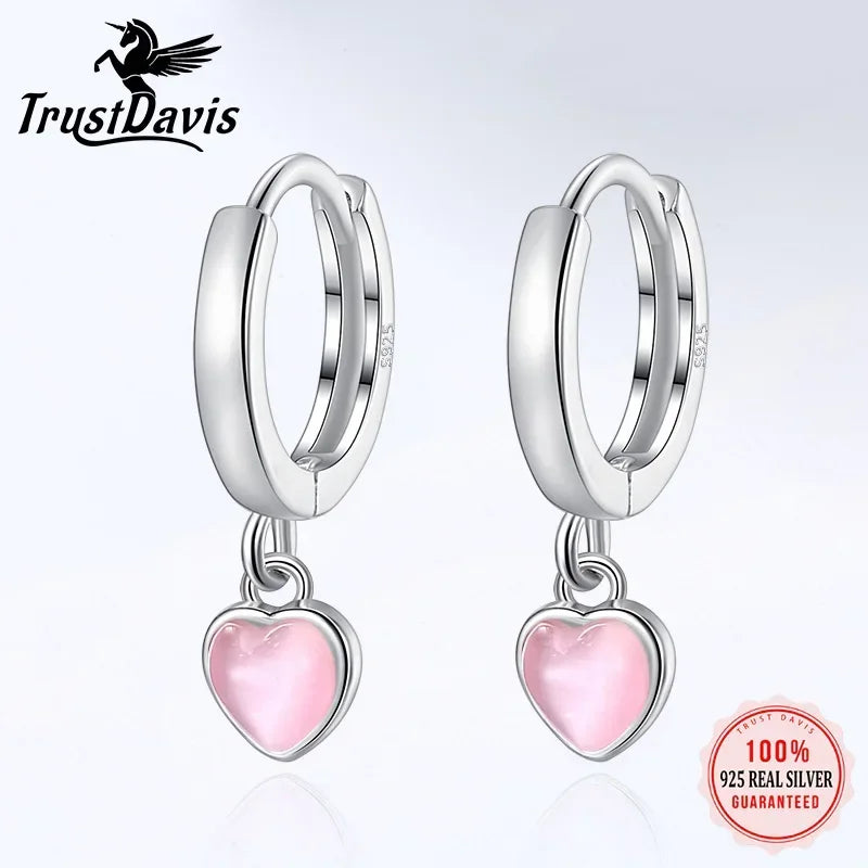 TrustDavis Real 925 Sterling Silver Fashion Sweet Heart Drop Charm Hoop Earring For Women Wedding Birthday Fine Jewelry DA2289