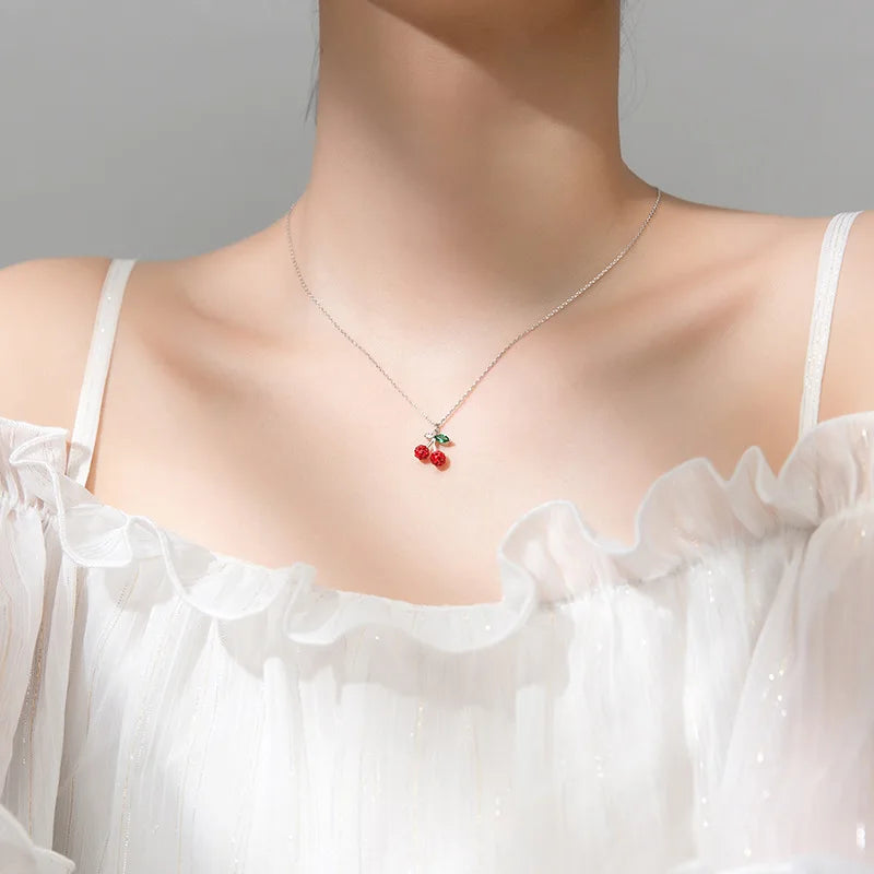 TrustDavis Real 925 Sterling Silver Fashion Sweet Fruit Cherry Pendant Short Necklace For Women Wedding Party Fine Jewelry DB975
