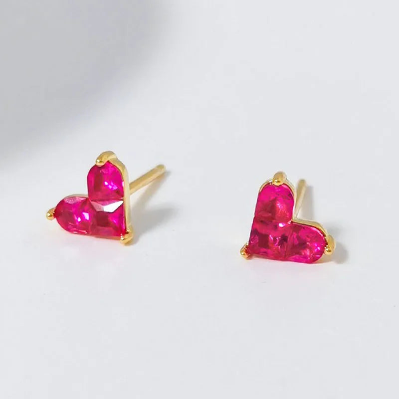 Real 925 Sterling Silver Heart Red Zircon Stud Earrings DS4953