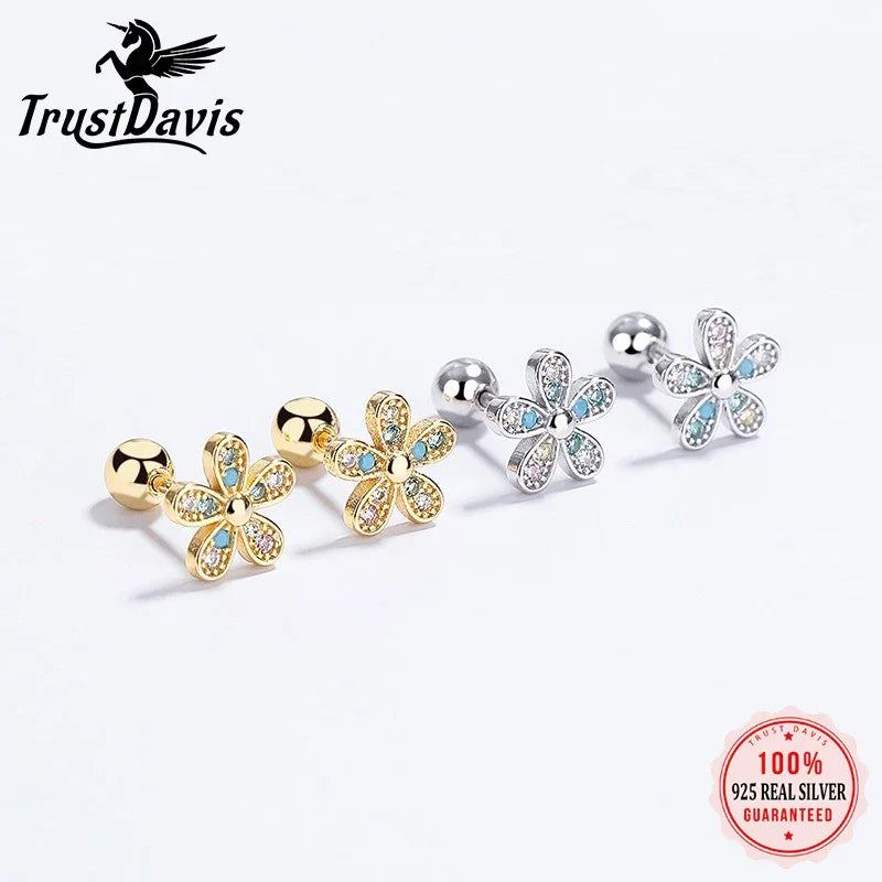 Trustdavis Real 925 Sterling Silver Sweet Colored Zircon Stud Earrings for Women Wedding Birthday Present Jewelry DA3212