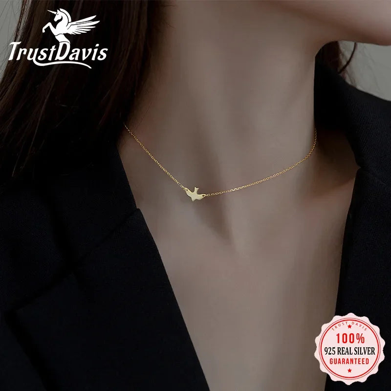 TrustDavis Real 925 Sterling Silver Necklace For Women Gold Animal Bird Wedding Valentine's Day 925 Necklace Jewelry Gift DA2834