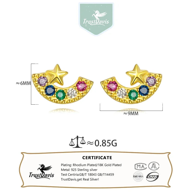 Trustdavis Real 925 Sterling Silver Colored Zircon Star Stud Earrings Women Mum Daughter Birthday Party Gift Jewelry DS4383