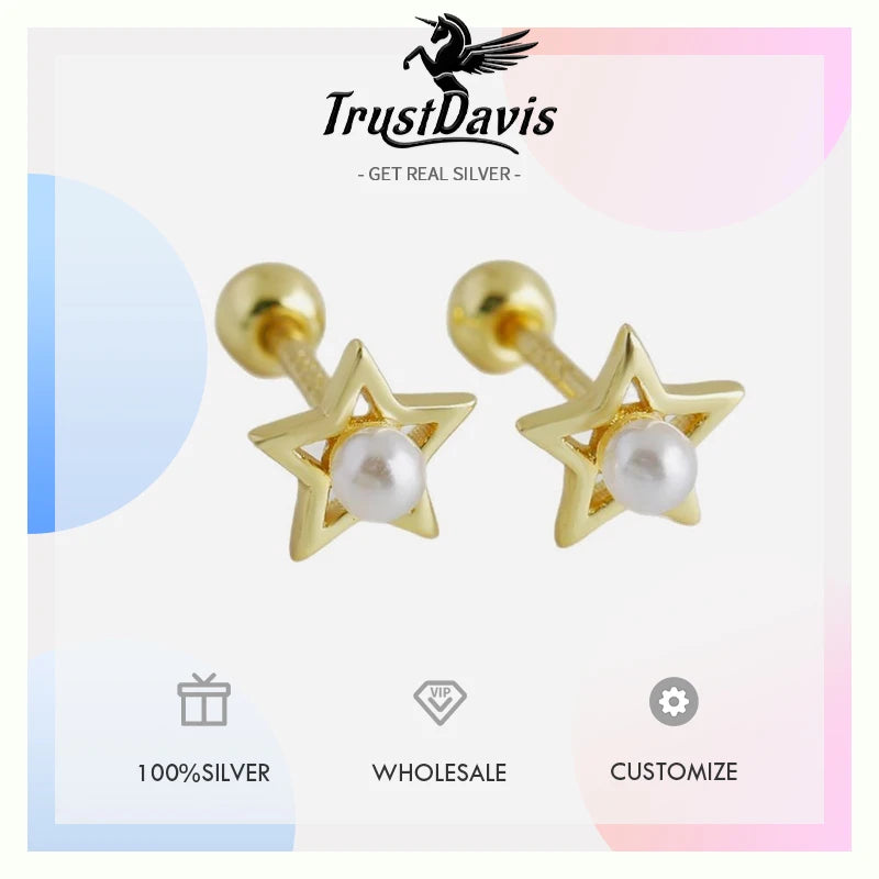 Pendientes TrustDavis de Plata de Ley 925 a la moda para mujer, pendientes simples con forma de estrella y perla para mujer y niña, regalo de joyería DS4329