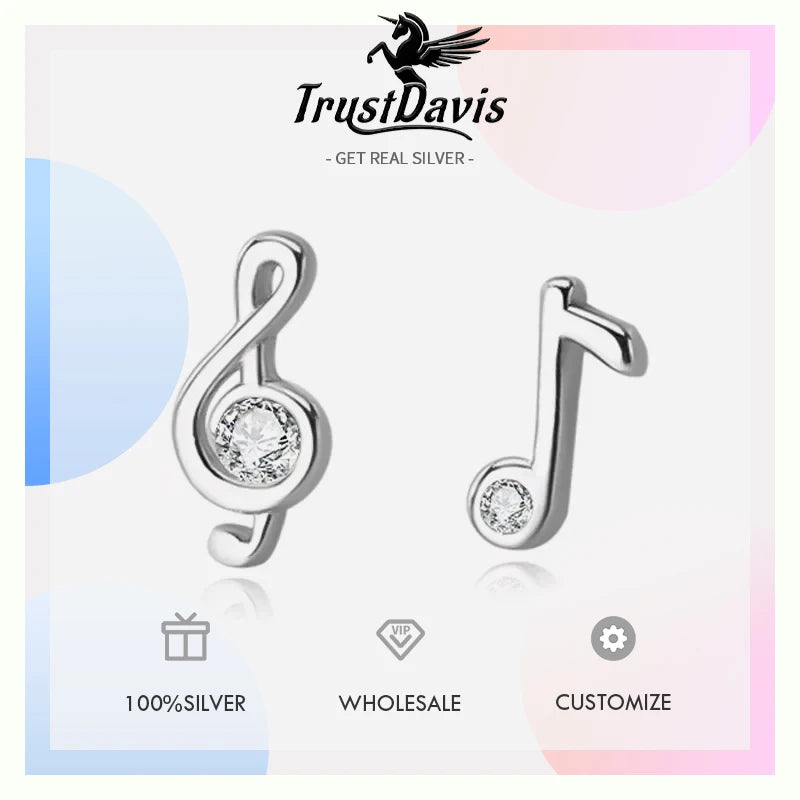 Trustdavis Girls Real 925 Sterling Silver Music Note Stud Earrings Girls Daughter Birthday Party Gift Jewelry DS4276
