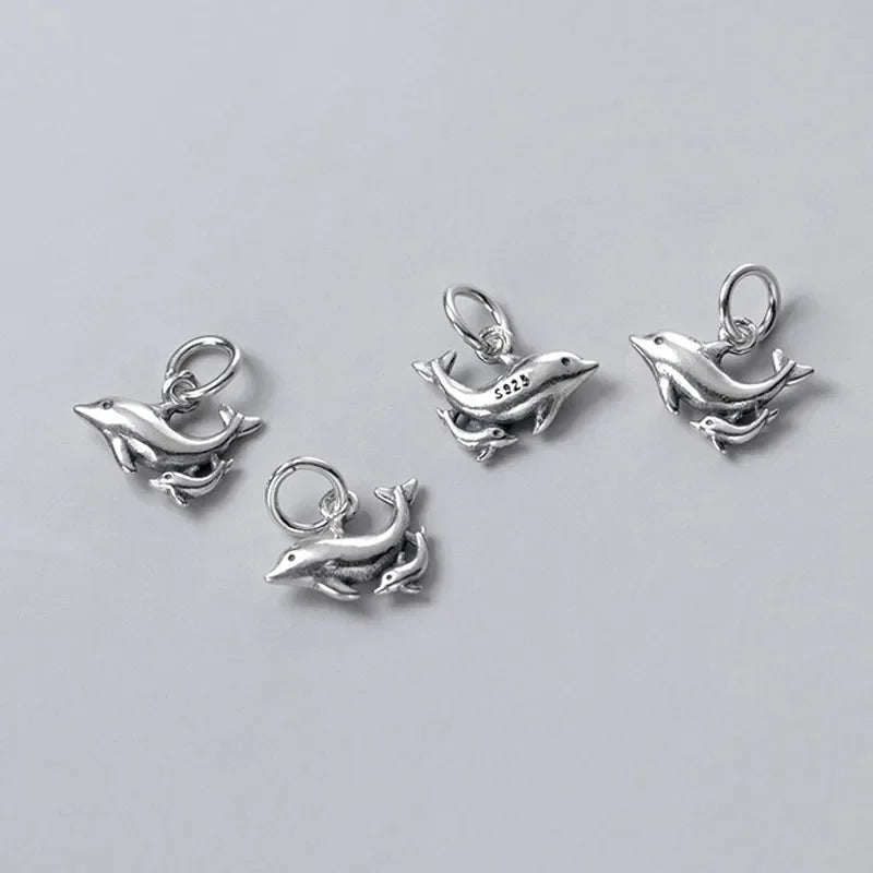 TrustDavis Real 925 Sterling Silver Fashion Sweet Double Dolphins Charm Pendant Handmade DIY Accessories Fine Jewelry DZ202