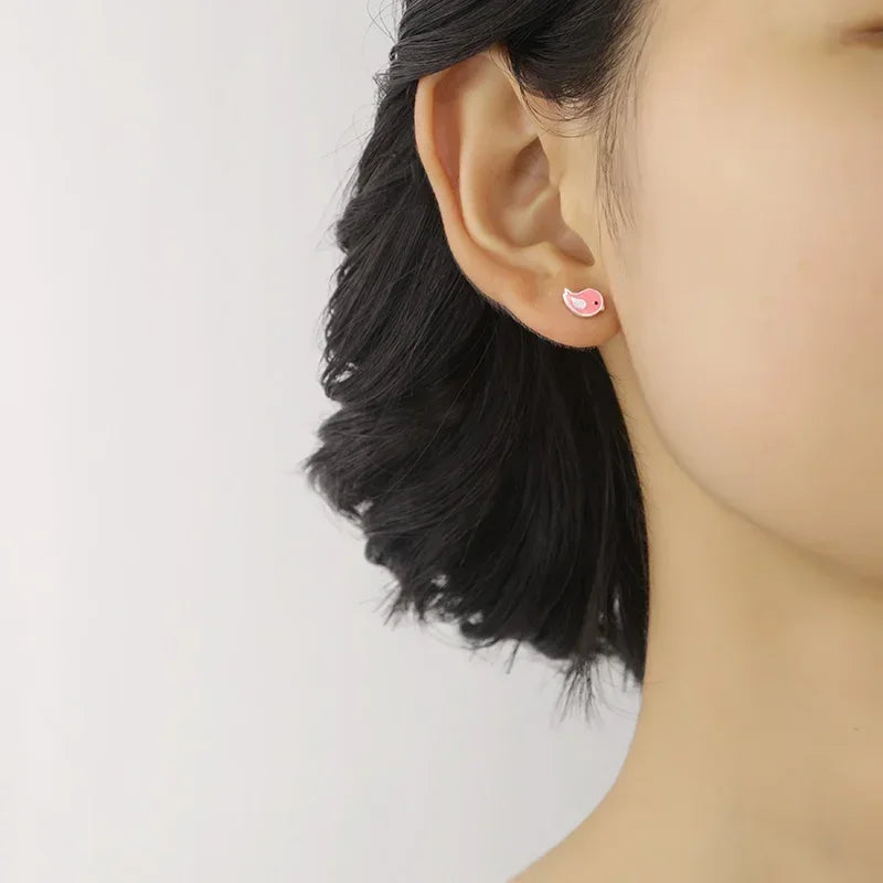 TrustDavis Real 925 Sterling Silver Fashion Sweet Glaze Pink Birds Stud Earrings For Women Wedding Party Fine Jewelry Gift DS616