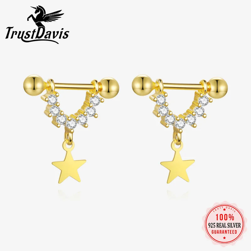 Trustdavis Girls Real 925 Sterling Silver Fashion U-shaped Star Stud Earrings Women Birthday Party Gift Jewelry DS4111