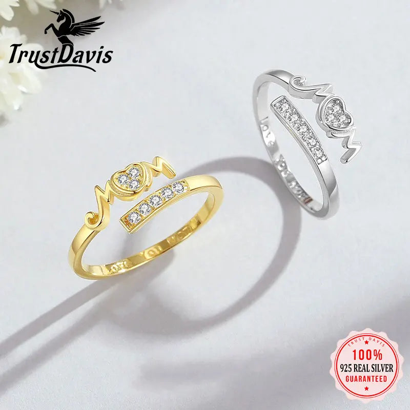 TrustDavis Girls 925 Sterling Silver Fashion Mom Heart Shaped Ring Mom Letter Ring for Mother's Day Birthday Gift Jewelry DS4194