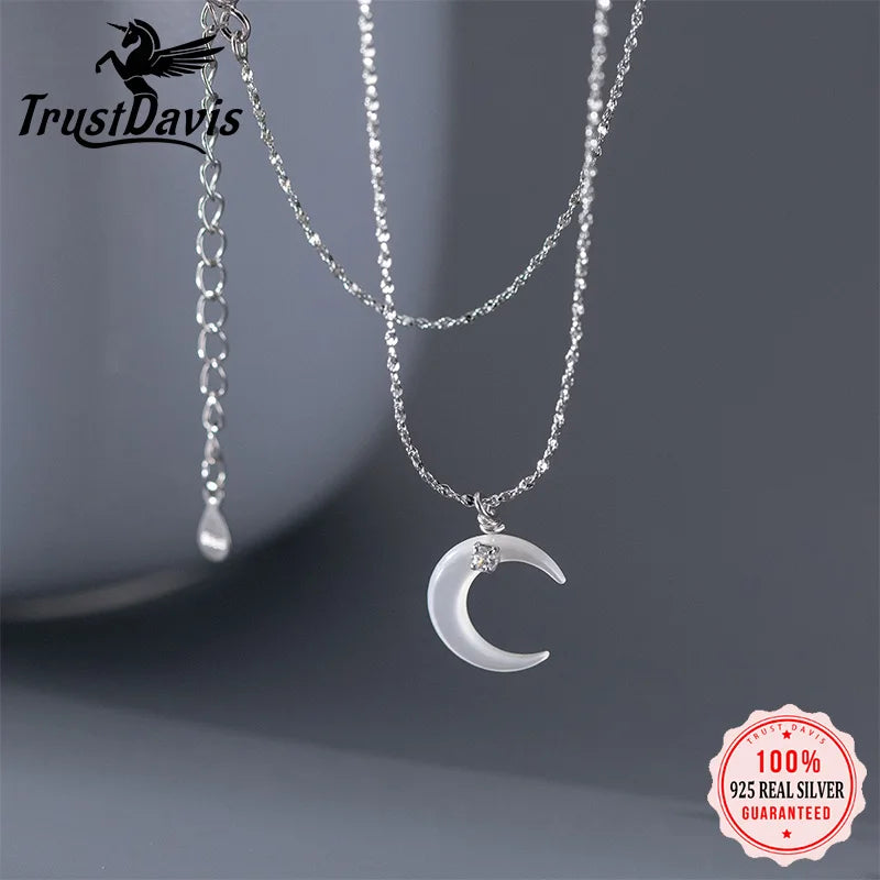 TrustDavis Real 925 Sterling Silver Elegant Moon Shell CZ Choker Necklace for Women Wedding Birthday Fine Jewelry DS3993