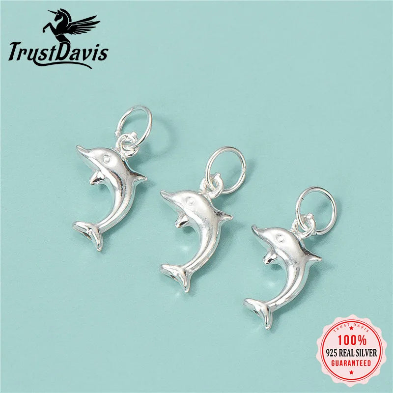 TrustDavis Real 925 Sterling Silver Fashion Animal Dolphin Charm Pendant Handmade DIY Accessories Fine Jewelry DZ1715