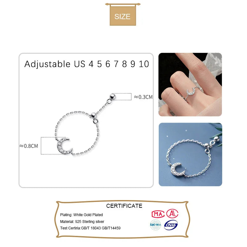 TrustDavis Real 925 Sterling Silver Fashion Sweet Moon Shiny CZ Chain Ring Sizable For Women Wedding Party Fine Jewelry DS940