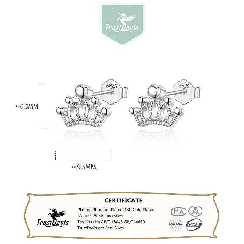 TrustDavis 100% 925 Sterling Silver Elegant Fashion Crown Earrings Women's Fashion Jewelry 925 Factory Wholesale Lots DS4156
