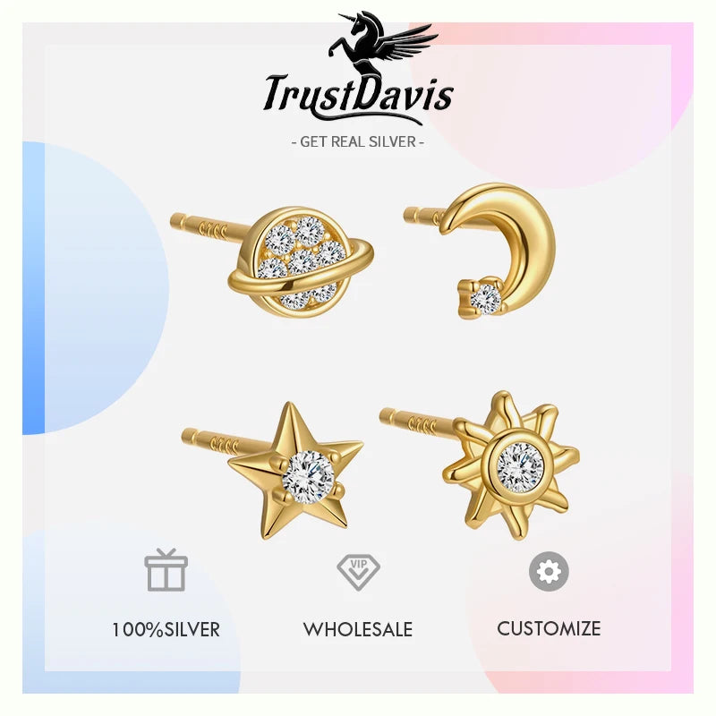 TrustDavis 925 Sterling Silver Women's Fashion Simple Starry Sky Series Stud Earring Set for Women Girls Jewelry Gift DS4273