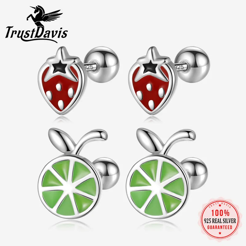 TrustDavis Girls 925 Sterling Silver Fruit Strawberry Lemon Bead Screw Stud Earrings for Women Girls Birthday Jewelry DS4149