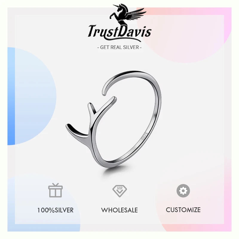 TrustDavis 100% 925 Sterling Silver Fashion Jewelry Antlers Cocktail Ring Sizable 5 6 7 Girls Kids Xmas DS359 Drop Shipping