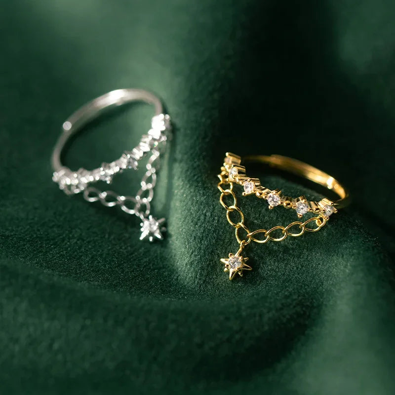 TrustDavis Real 925 Sterling Silver Sweet Double Layer Chain CZ Opening Rings For Women Wedding Party Fine S925 Jewelry DA2570