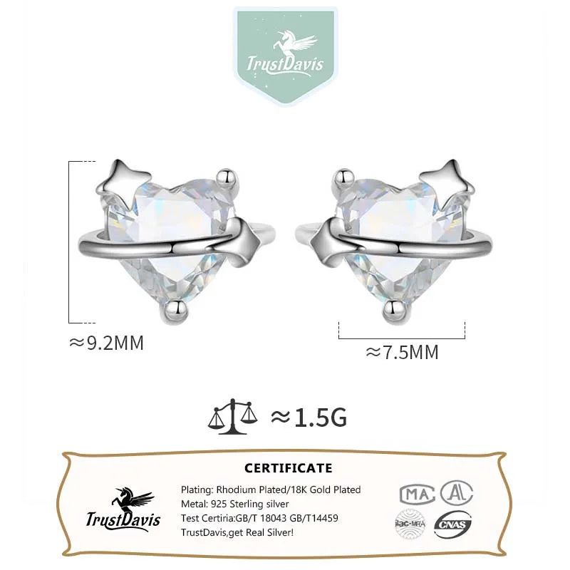 TrustDavis Girls 100% 925 Sterling Silver Trendy Heart Stud Earrings Women's Fashion Jewelry 925 Wholesale DS4507