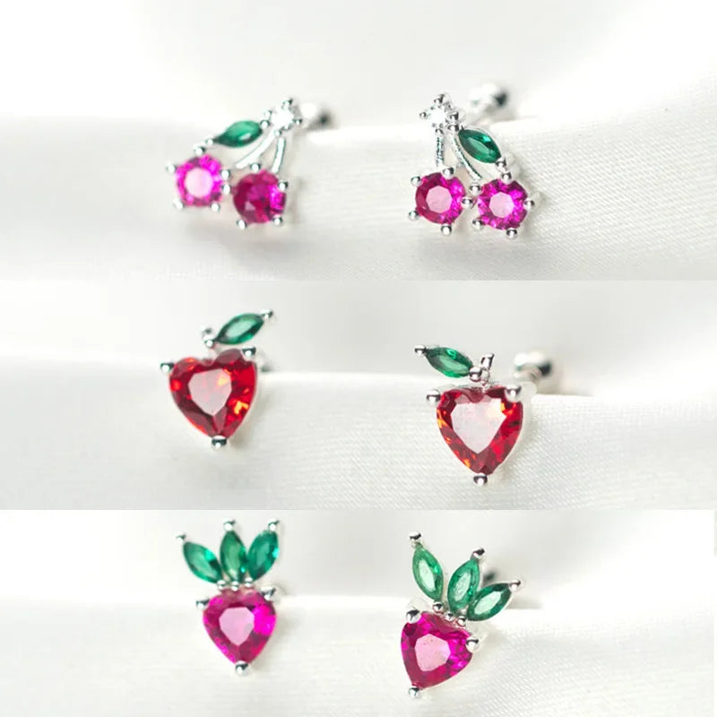 Trustdavis Real 925 Sterling Silver Sweet Fruit Peach Grapes Radish Cherry Screw Stud Earrings For Women Wedding Jewelry DB1327
