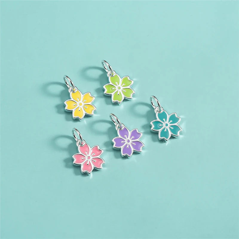 TrustDavis Real 925 Sterling Silver Glue Cherry Blossoms Romantic Flower Charm Pendant Handmade DIY Accessories Wholesale DZ1818