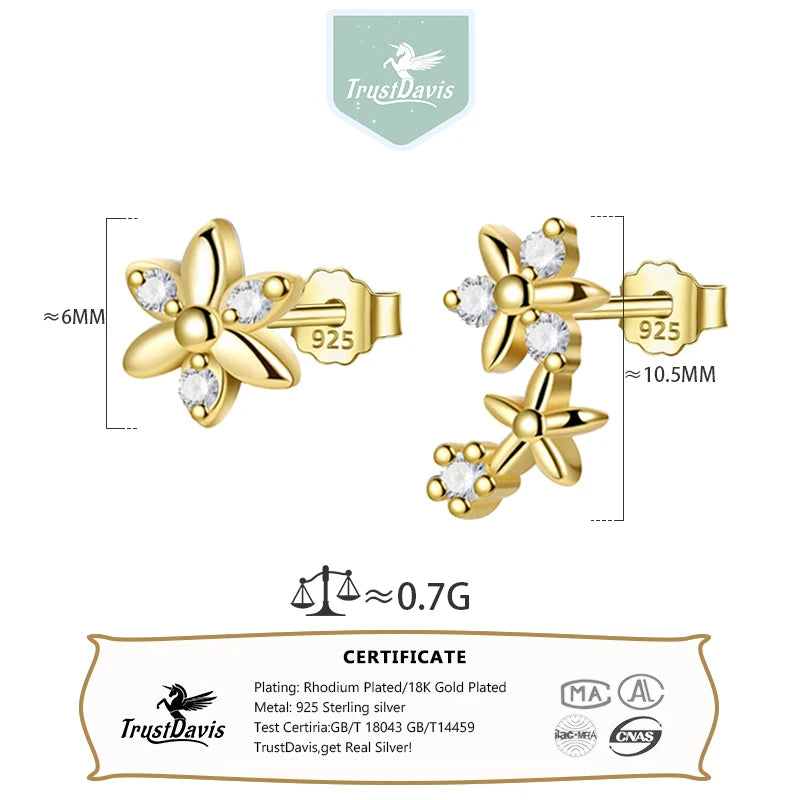 Trustdavis Real 925 Sterling Silver Asymmetrical Flowers Stud Earrings Women Girls Daughter Birthday Party Gift Jewelry DS4426