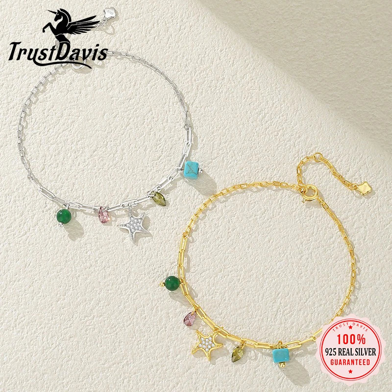 TrustDavis 925 Sterling Silver Women's Fashion Simple Starfish Zircon Turquoise Bracelet for Women Girls Jewelry Gift DS4439
