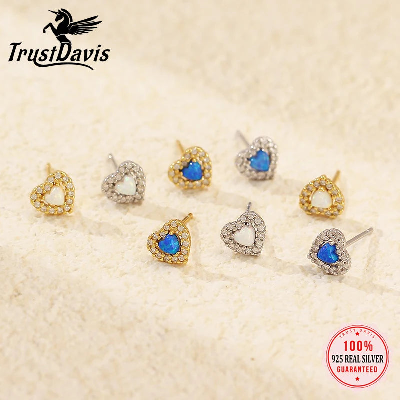 TrustDavis 925 Sterling Silver Women's Fashion Simple Opal Heart Zirconia Earring for Women Girls Birthdays Jewelry Gift DS4697