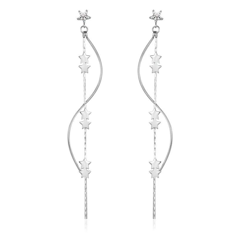 TrustDavis Real 925 Sterling Silver Earring For Women Waves Stars Tassels Stud Earrings Wedding Anniversary Jewelry Gift DG0008