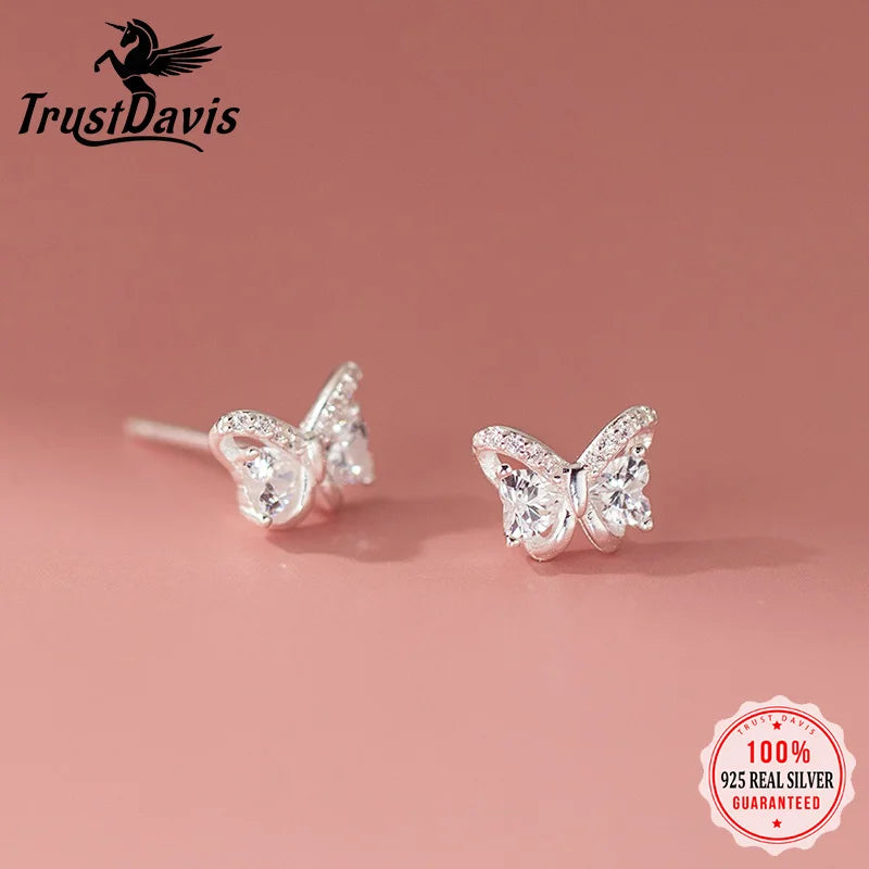 TrustDavis Real 925 Sterling Silver Sweet Heart Studded Diamond Bow Stud Earrings for Women Girls Birthday Gift Jewelry DA1637