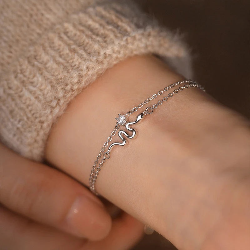 TrustDavis 100% 925 Sterling Silver Fashion Women's Jewelry Double Layer Snake Bracelet for Wife Best Firend Gift DS4188