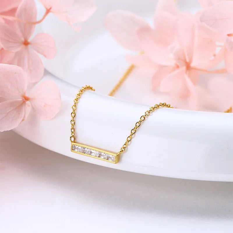 TrustDavis Real 925 Sterling Silver Women's Fashion Simple Square Bar with Zircon Necklace for Women Girls Gift Jewelry DS4234