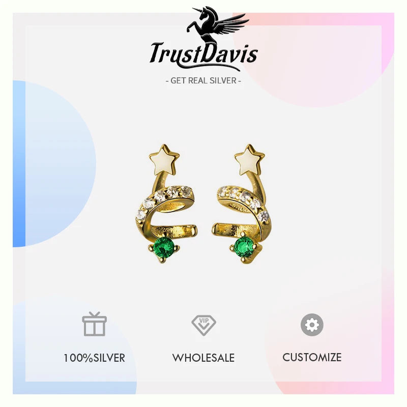 TrustDavis Real 925 Sterling Silver Fashion Fine Christmas Tree Emerald Rotate Stud Earrings for Women Jewelry DS4401