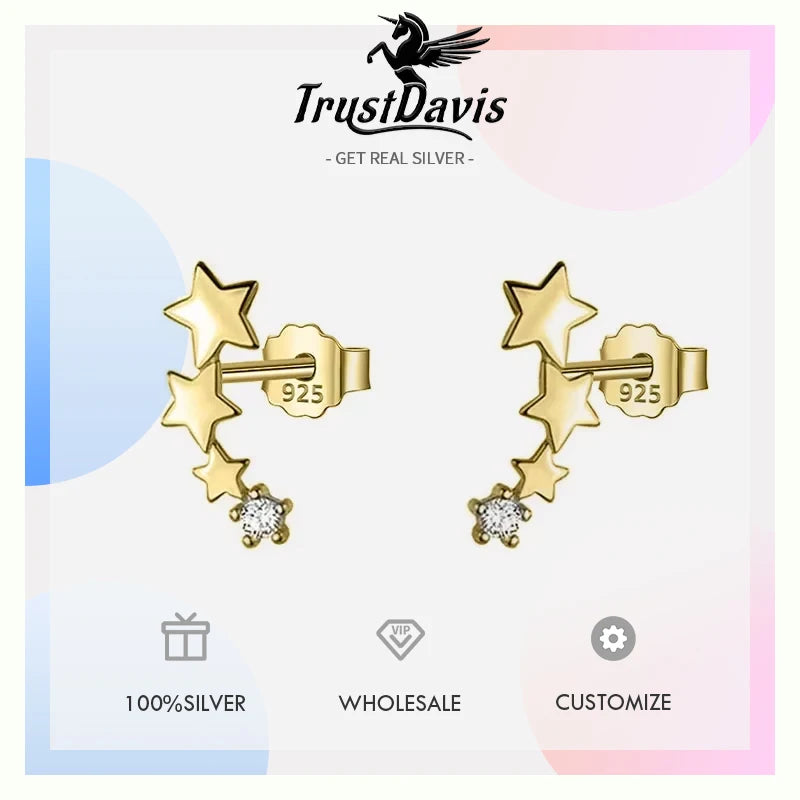 TrustDavis Real 925 Sterling Silver Fashion Sweet Star Dazzling CZ Stud Earrings For Women Wedding Minimalist Jewelry DB944