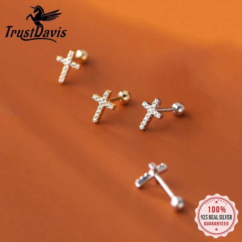 Trustdavis Real 925 Sterling Silver Sweet Cross Round CZ Screw Stud Earrings For Women Children Baby Girls Kids Jewelry DB1365