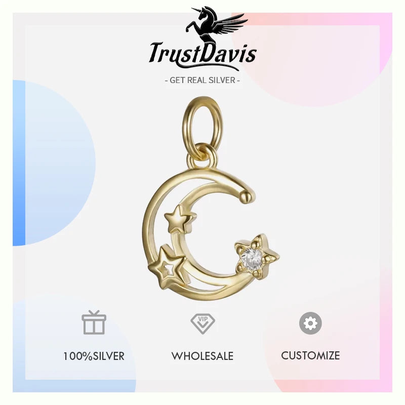TrustDavis Real 925 Sterling Silver Fashion Hollow Moon CZ Charm Pendant Handmade DIY Accessories Fine Jewelry Wholesale HY221