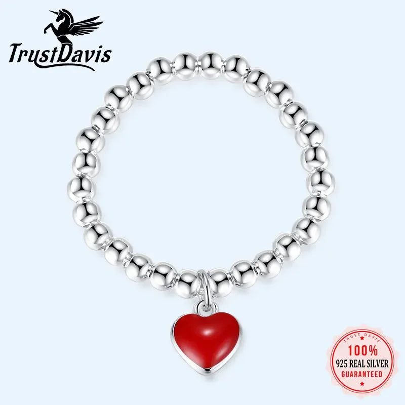 TrustDavis Minimalist Real 925 Sterling Silver Sweet Beads Red Heart Elastic Rings For Women Wedding Party S925 Jewelry DA1376
