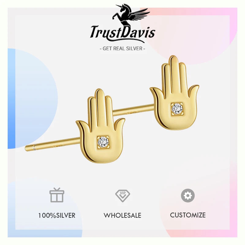 TrustDavis 925 Sterling Silver Women's Fashion Simple Devil Half Palm Zirconia Earrings for Women Girls Jewelry Gift DS4280