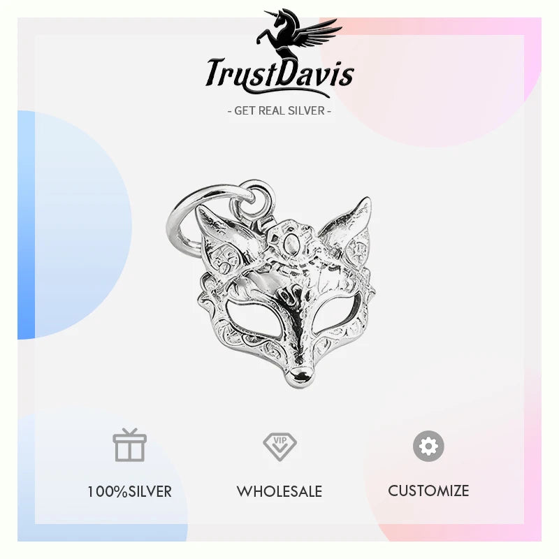 TrustDavis Real 925 Sterling Silver Personality Fine Cute Fox Mask Charm Pendant Handmade DIY Accessories Jewelry DZ1814