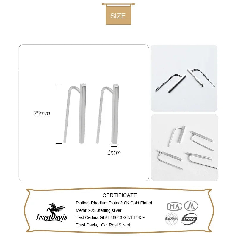 TrustDavis Real 925 Sterling Silver Fashion Sweet Geometric Square Stick Stud Earrings For Women Wedding Fine Jewelry DA2588