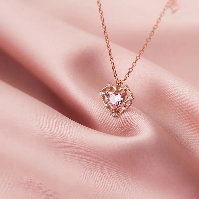 Heart Hollow Pink Stone Short Chain Necklace DS3358