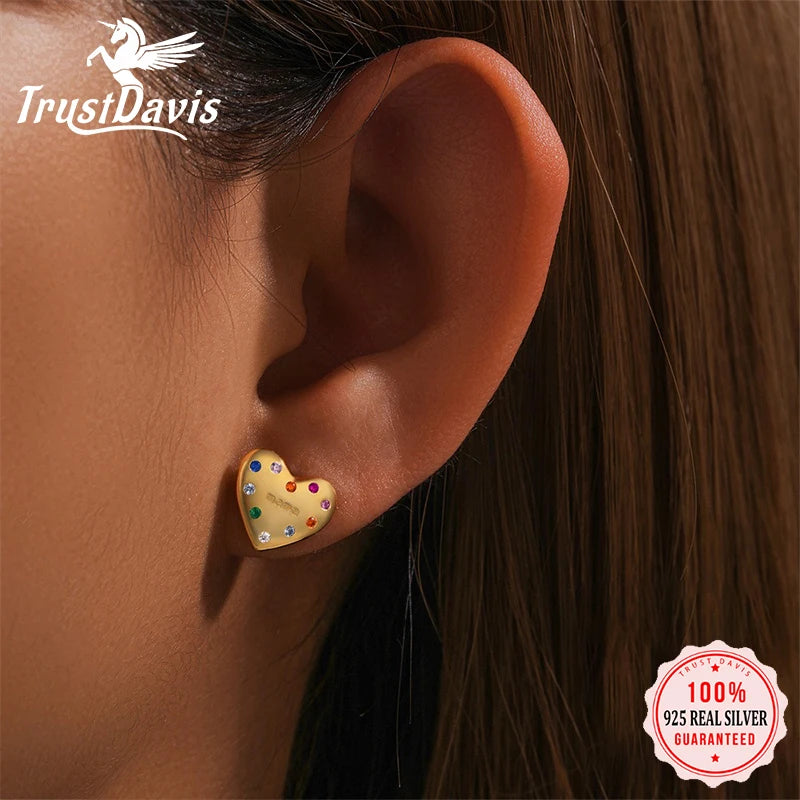 TrustDavis 925 Sterling Silver Women's Fashion Simple Heart-shaped Colored Zircon Earrings for Women Girls Jewelry Gift DS4693