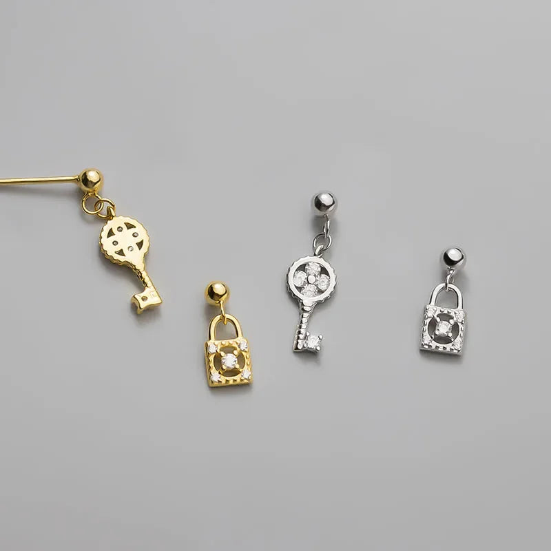 TrustDavis Real 925 Sterling Silver 2022 Asymmetrical Key Lock Shiny CZ Stud Earrings For Fashion Women Fine 925 Jewelry DA00353