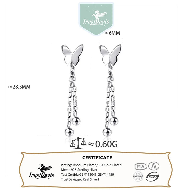TrustDavis Real 925 Sterling Silver Women's Butterfly Earrings Sweet Butterfly Tassel Earrings for Women Gift Jewelry DS4472