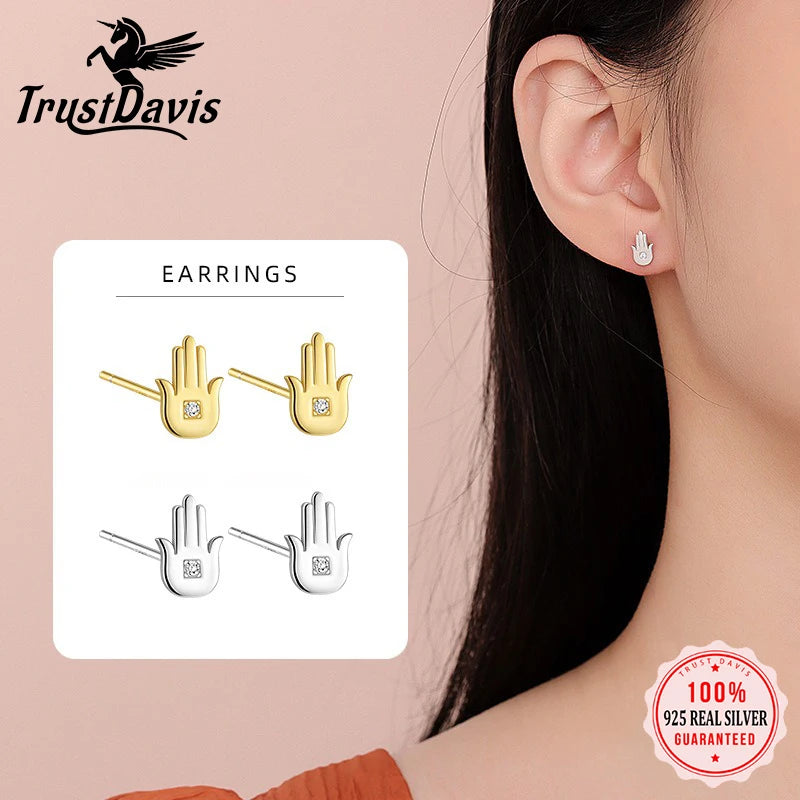 TrustDavis 925 Sterling Silver Women's Fashion Simple Devil Half Palm Zirconia Earrings for Women Girls Jewelry Gift DS4280
