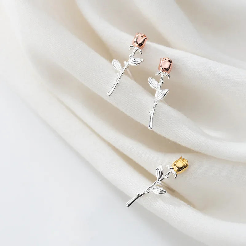 Trusta Genuine 925 Sterling Silver Earrings Valentine's Day Present Roses Flower Stud Earrings Gift For Girls Jewelry DS2330