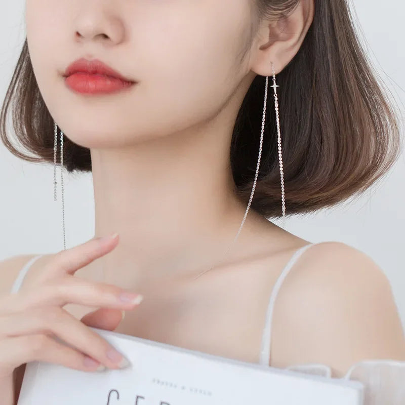 925 Sterling Silver Sweet Long Beads Star Chain 25cm Ear Line Earring DA1500