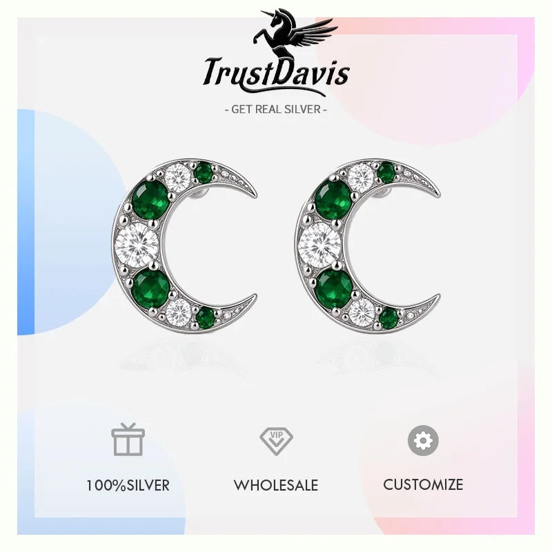 Silver Stars Moon Emerald Zircon Stud Earrings DS5018