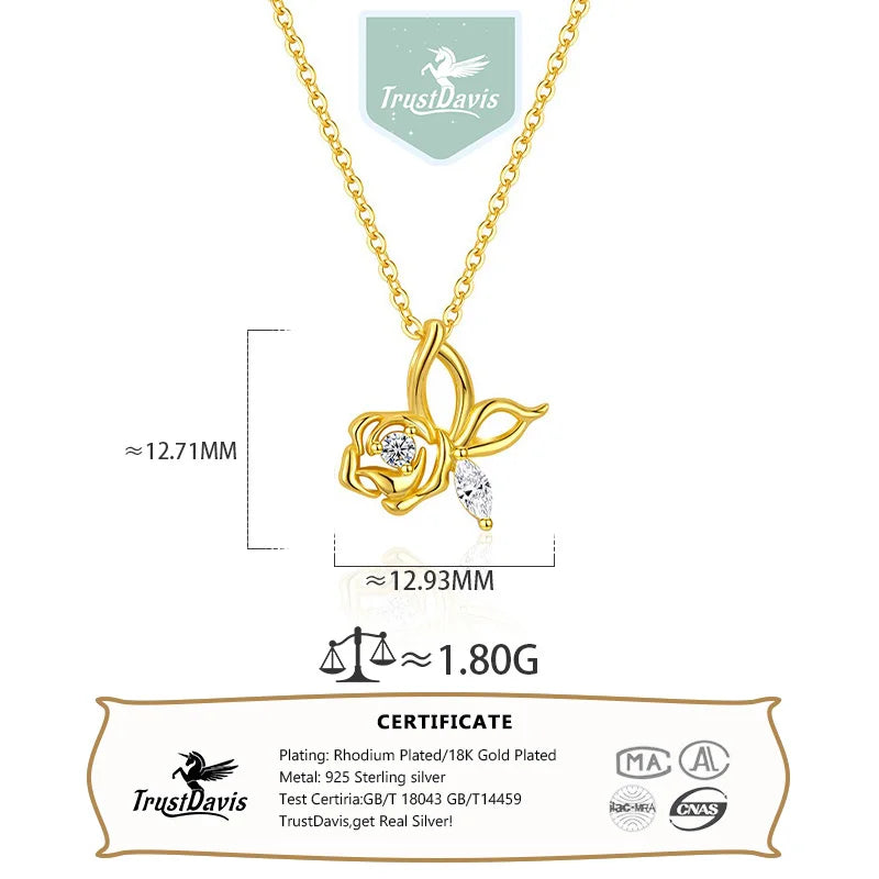 TrustDavis 925 Sterling Silver Women's Fashion Zircon Simple Rose Butterfly Zircon Necklace for Women Girls Jewelry Gift DS4435