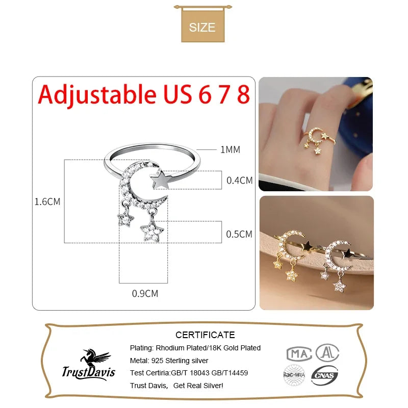 Moon Star Shiny CZ Opening 6 7 Ring For Women Wedding Party Fine 925 Silver Jewelry DA2806