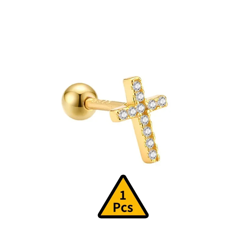Cross Flower Crown Beads Screw Stud Earrings DA2276