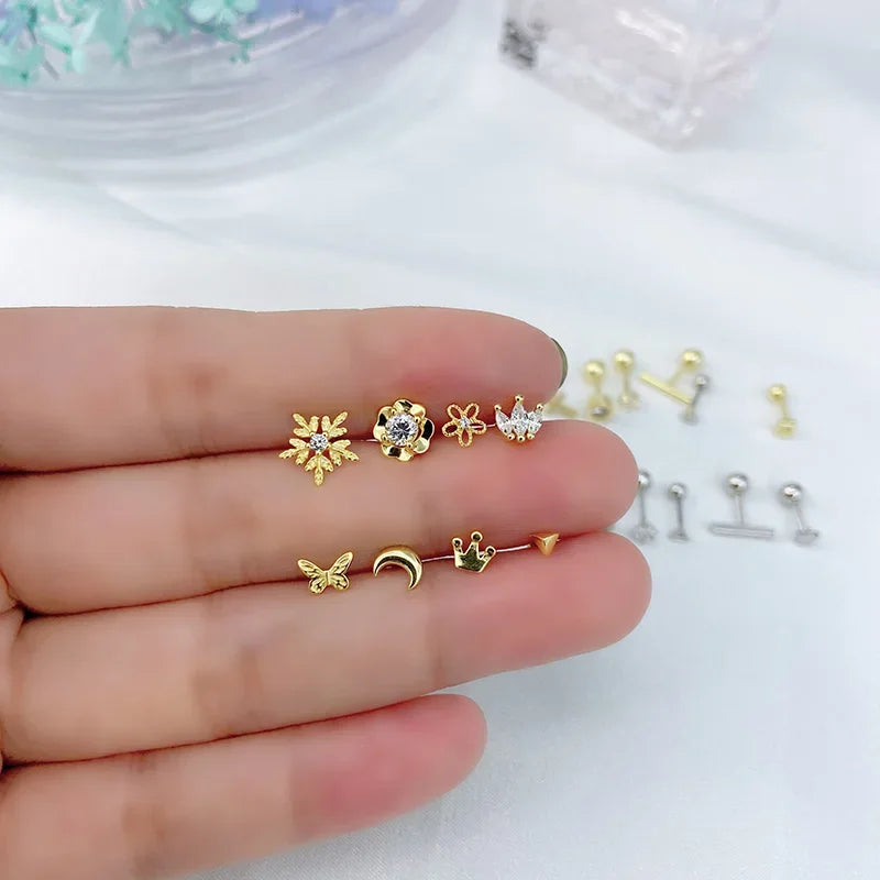 Cross Flower Crown Beads Screw Stud Earrings DA2276